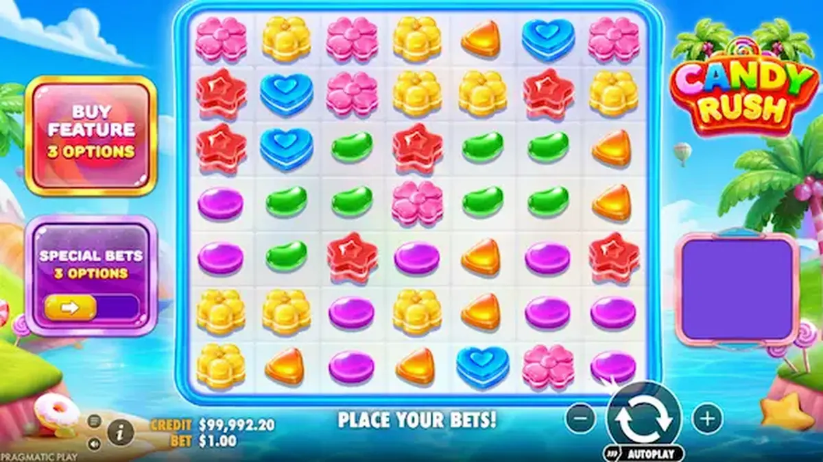 Tampilan visual cerah dan penuh warna dari slot Candy Rush dengan elemen permen tropis.